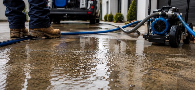 Water restoration equipment and contractor boots on wet concrete after a burst pipe incident