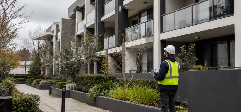 Contractor inspecting common property at a modern Melbourne apartment complex